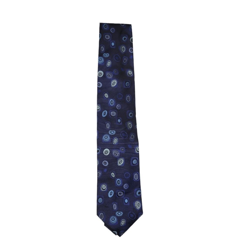 Hugo Boss Boss Navy Blue Geometric Circle Dot Print 100% Silk Neck Tie